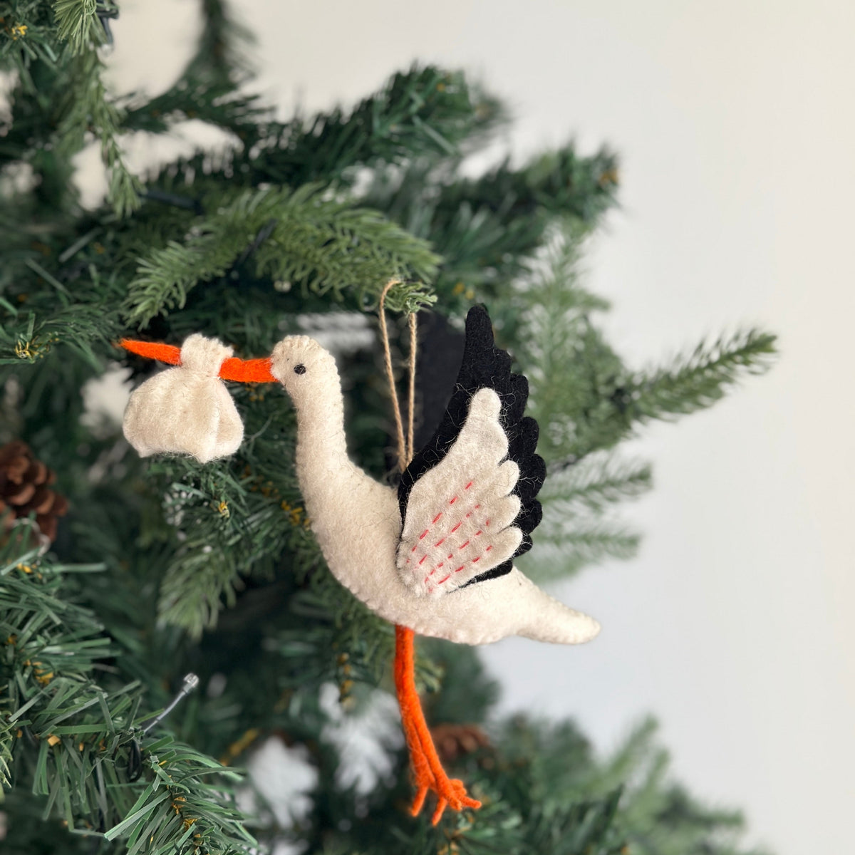 Hand-Stitched Stork Ornament – Handmade Wool Felt Holiday Decor