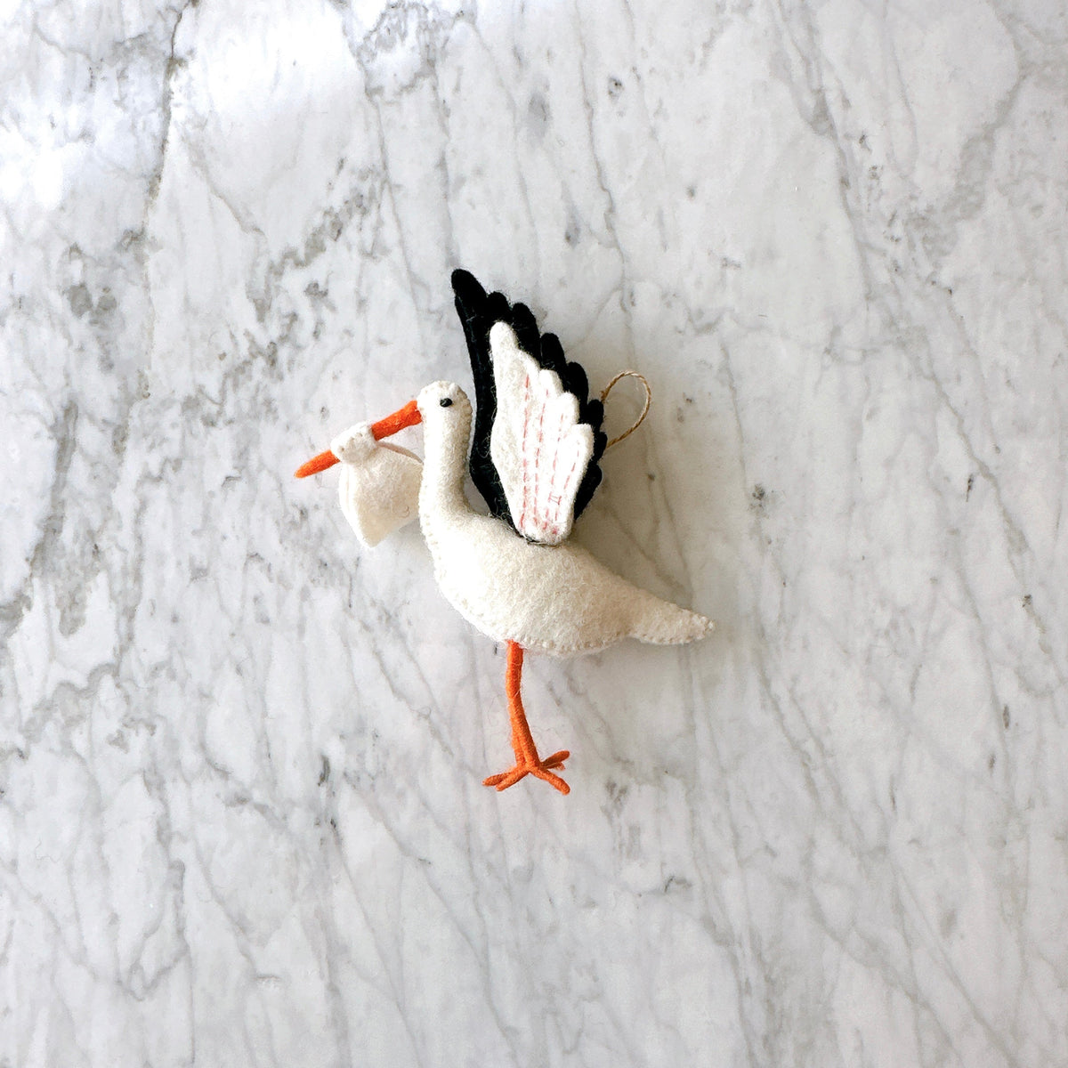 Hand-Stitched Stork Ornament – Handmade Wool Felt Holiday Decor