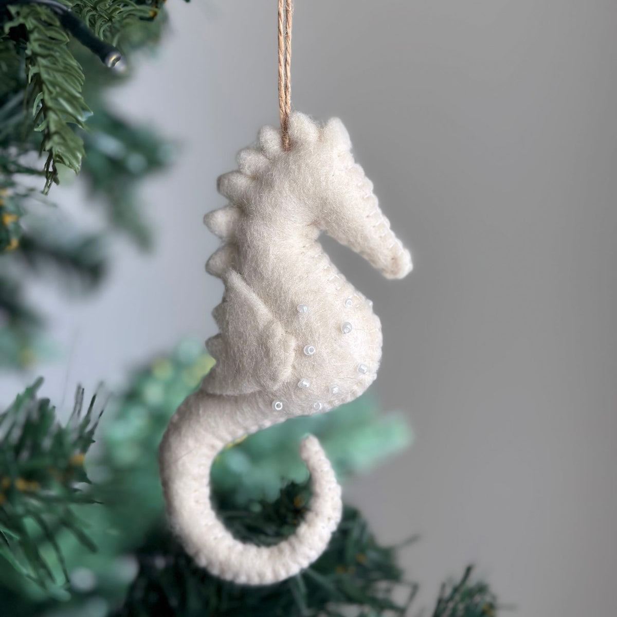 White Seahorse Ornament – Handmade Wool Felt Holiday Decor