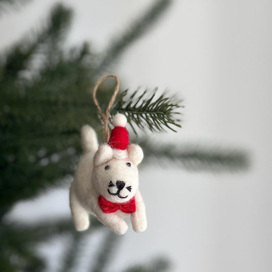 White Cat in Christmas Hat Ornament – Handmade Wool Felt Holiday Decor