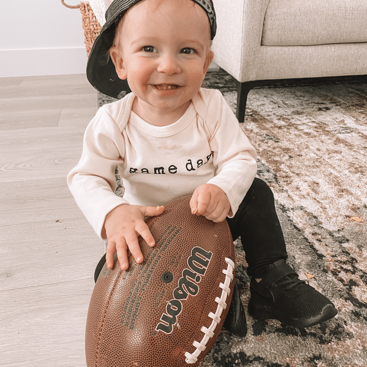 Game Day Organic Cotton Baby Bodysuit – Long Sleeve, Black or Clay, 0–24M