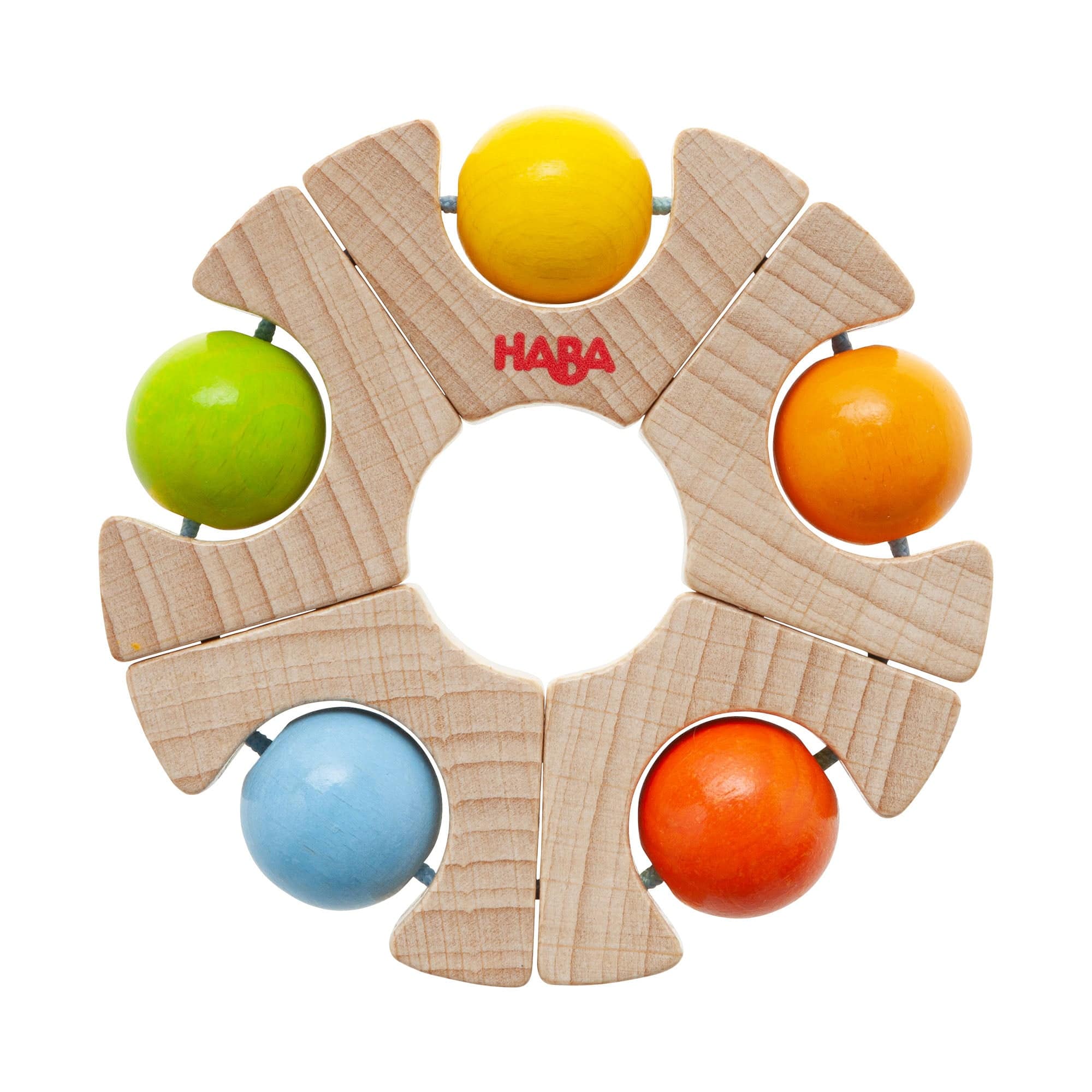 A wooden ball wheel grasping toy from HABA with a small bell inside.