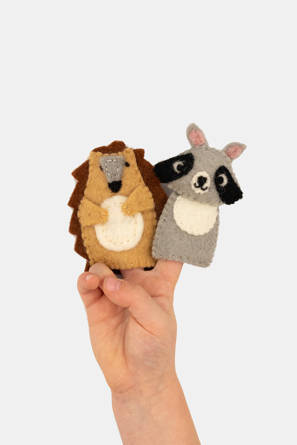 Hedgehog & Raccoon Finger Puppet Set – Handmade Wool Felt Pretend Play Toy