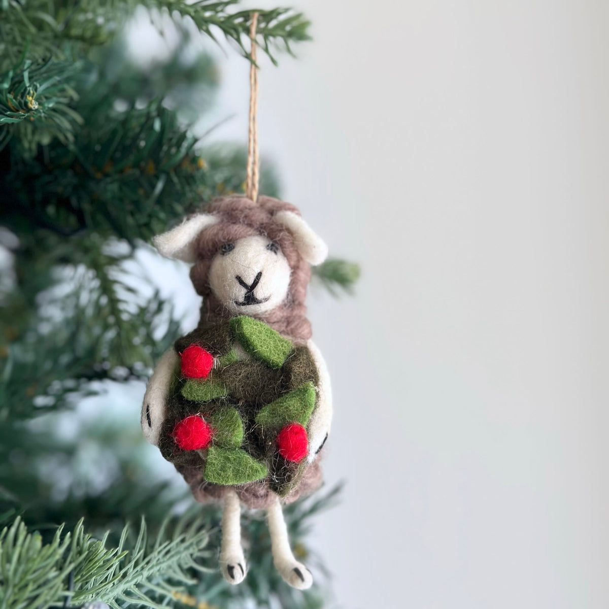 Sheep with Holly Wreath Ornament – Handmade Wool Felt Holiday Decor