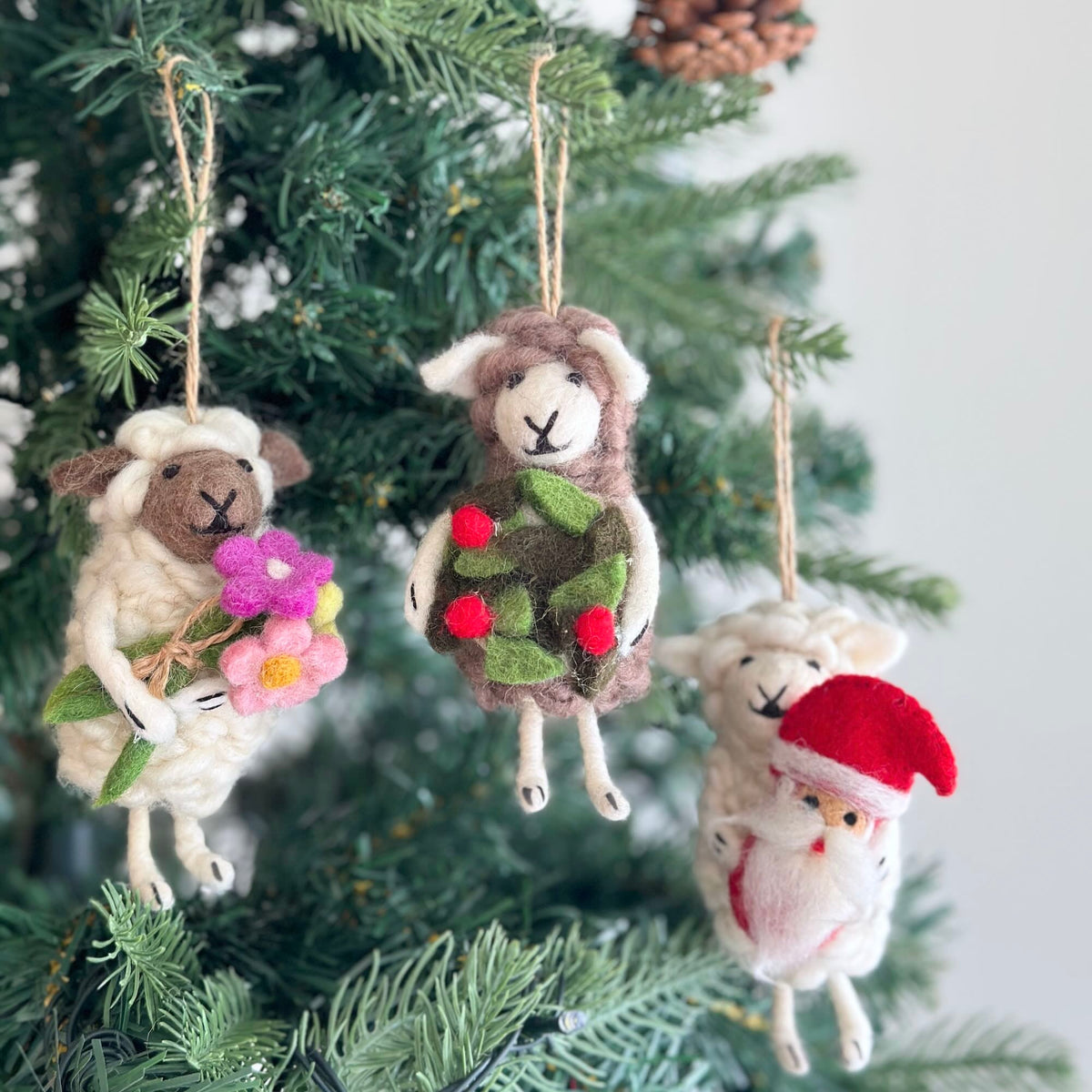 Sheep with Holly Wreath Ornament – Handmade Wool Felt Holiday Decor