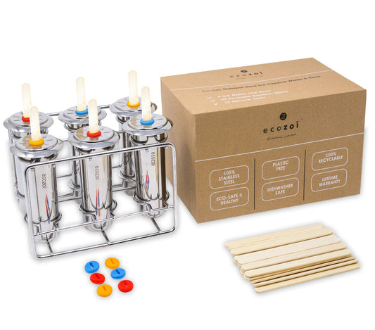 Ecozoi Stainless Steel Popsicle Molds, Round with Reusable Bamboo Sticks