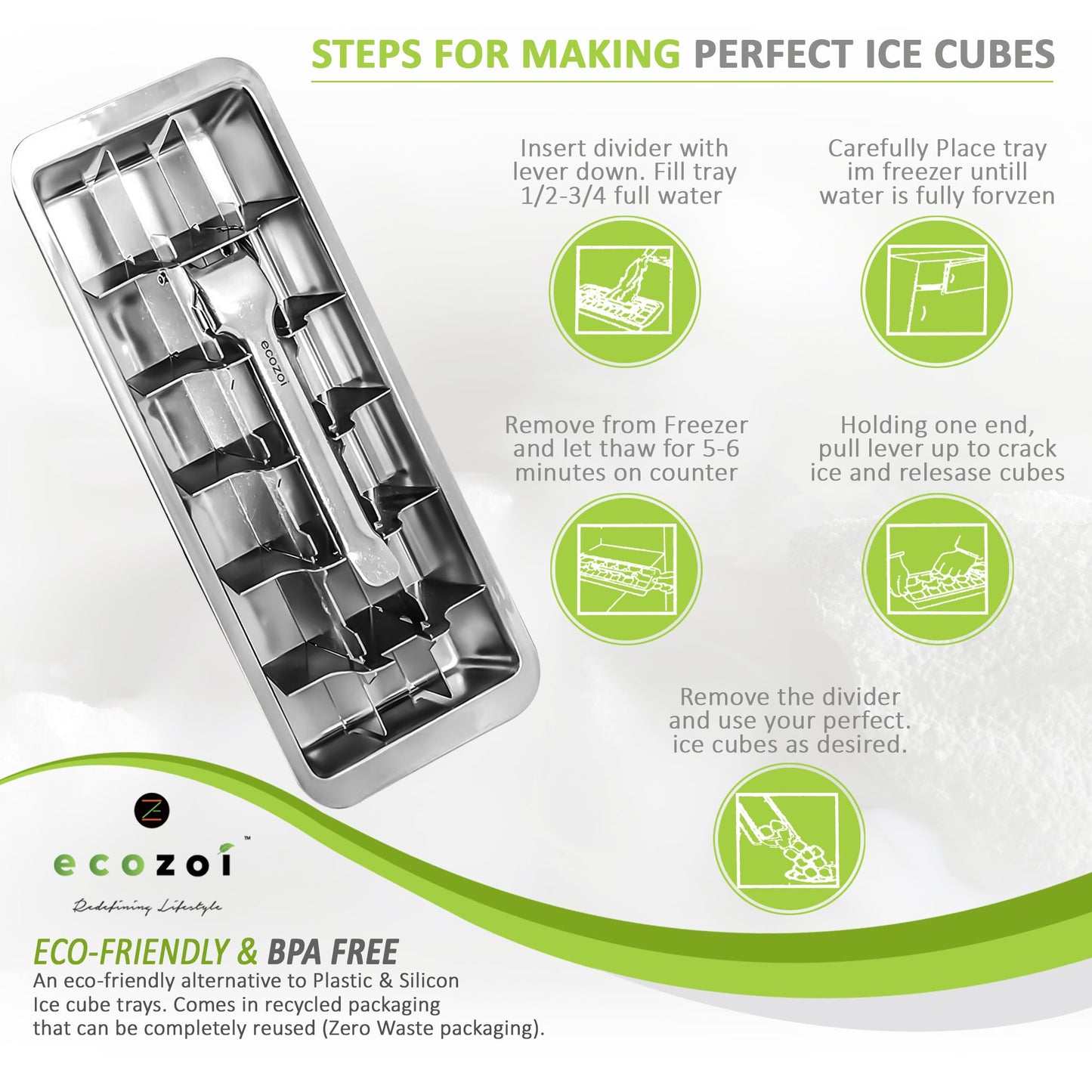 Ecozoi Stainless Steel Ice Cube Tray with Easy Release Handle, Vintage Design