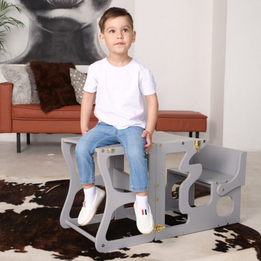 Wood and Hearts Eco-Friendly Wooden Convertible Kids' Kitchen Tower Step Stool Table and Chair