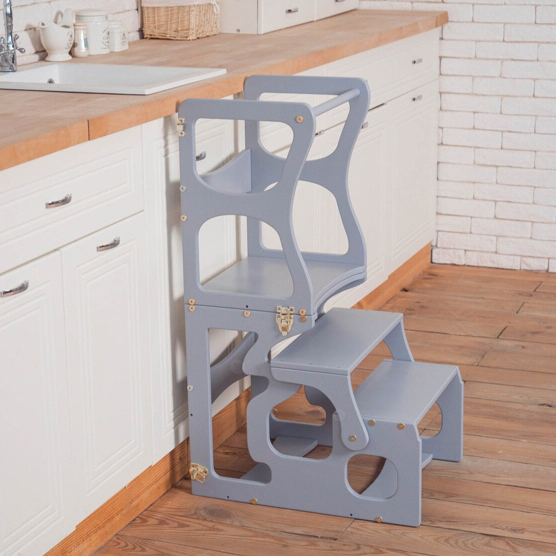 Wood and Hearts Eco-Friendly Wooden Convertible Kids' Kitchen Tower Step Stool Table and Chair
