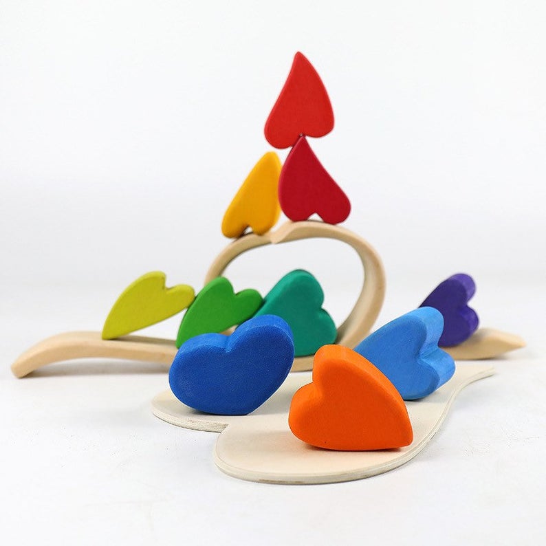 10 Pcs STAINED Rainbow Heart-shaped Wooden Stacking Puzzle Blocks