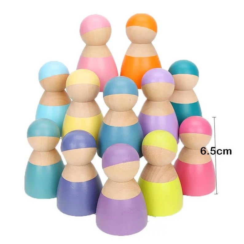12 Pcs Wooden Peg Dolls in Pastel/Macaron Colors