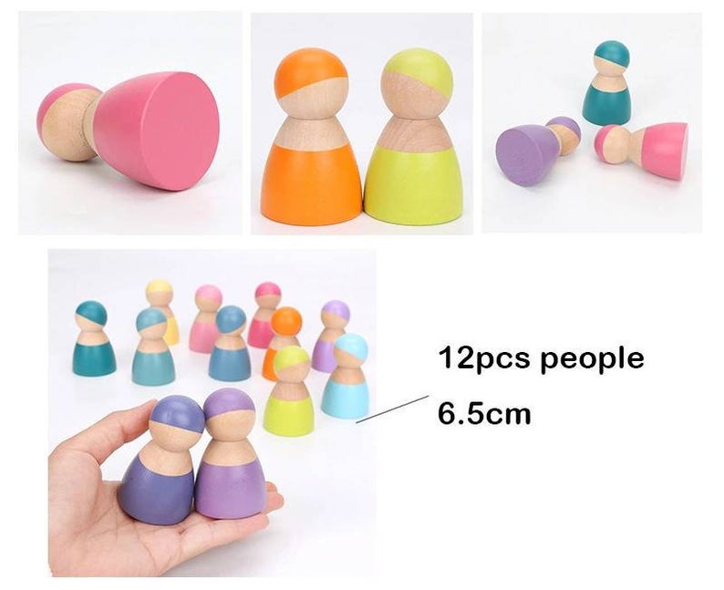 12 Pcs Wooden Peg Dolls in Pastel/Macaron Colors