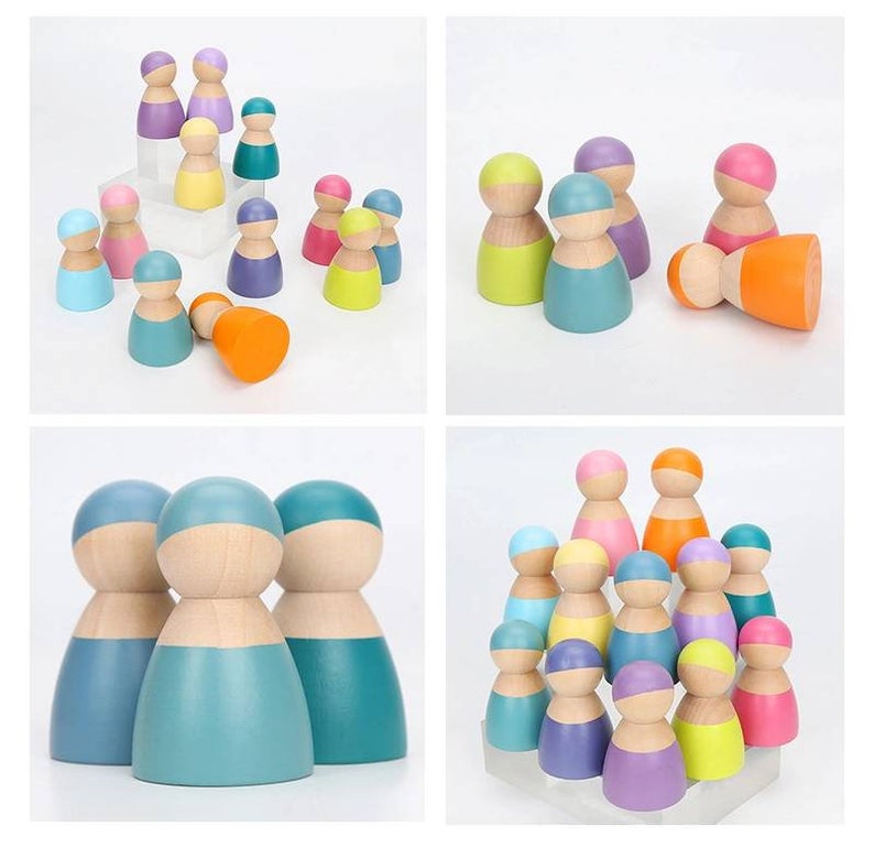 12 Pcs Wooden Peg Dolls in Pastel/Macaron Colors
