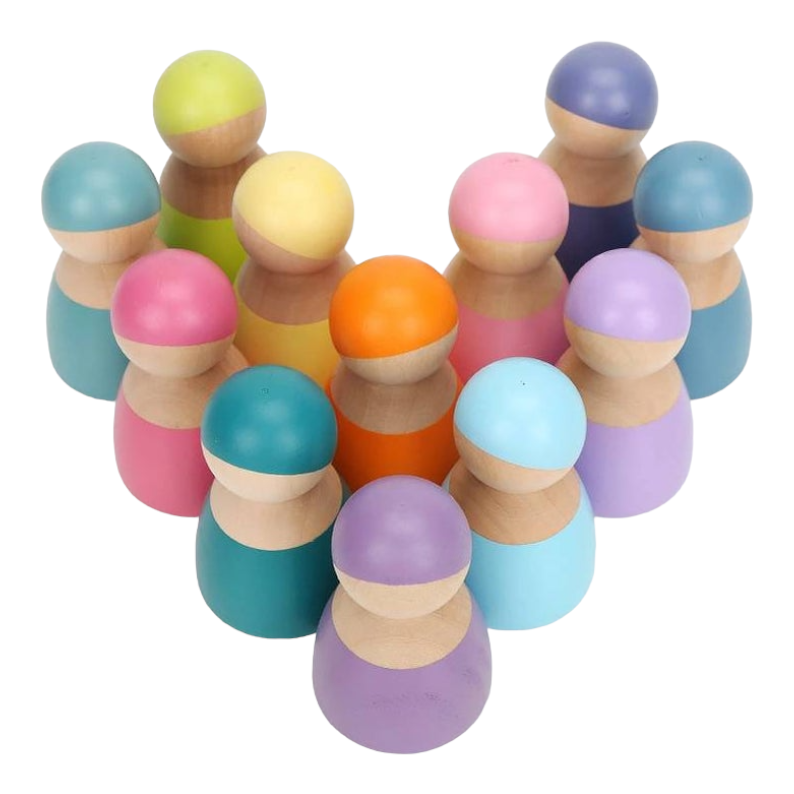 12 Pcs Wooden Peg Dolls in Pastel/Macaron Colors