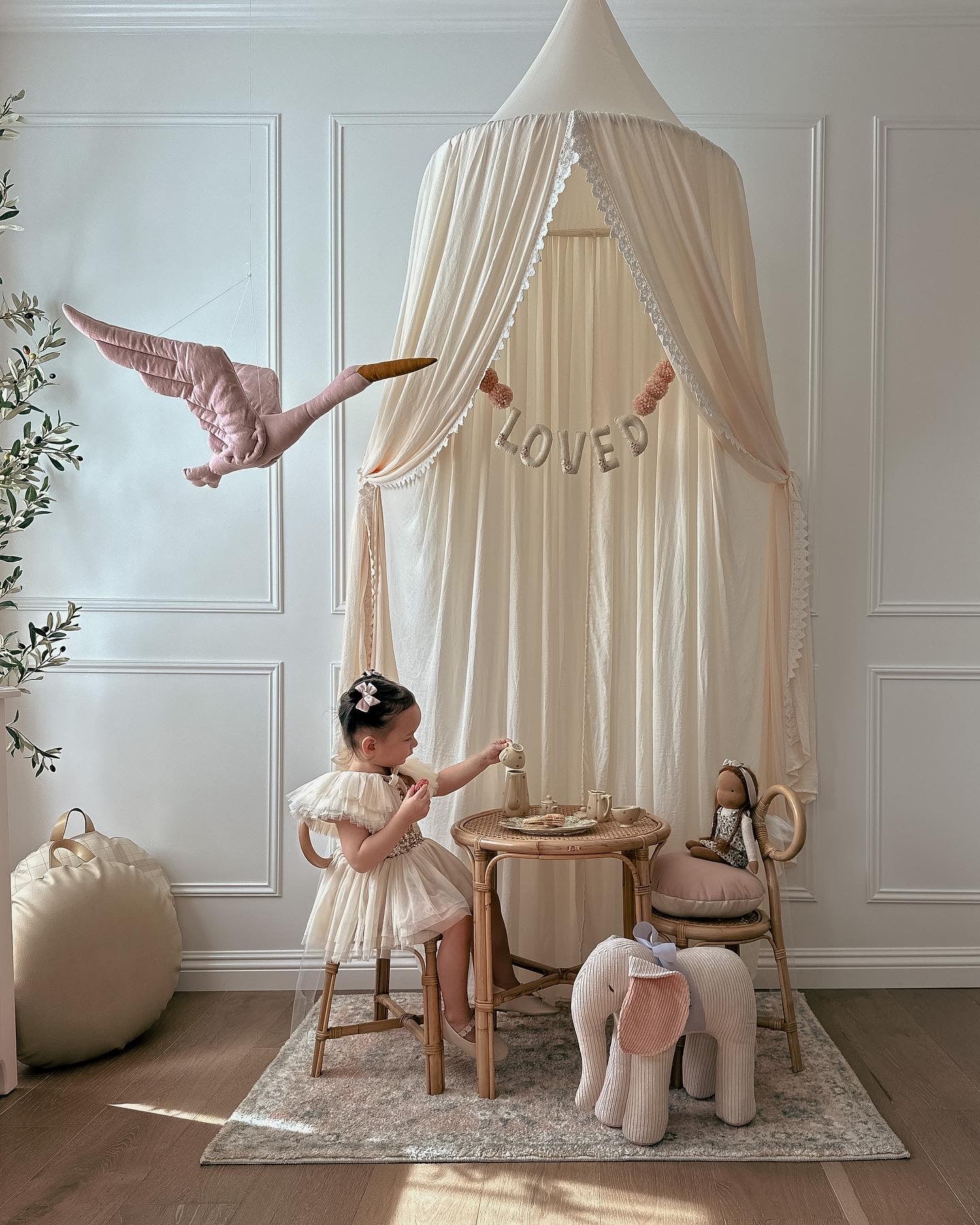 natural rattan sustainable non-toxic kids' table child playing with doll