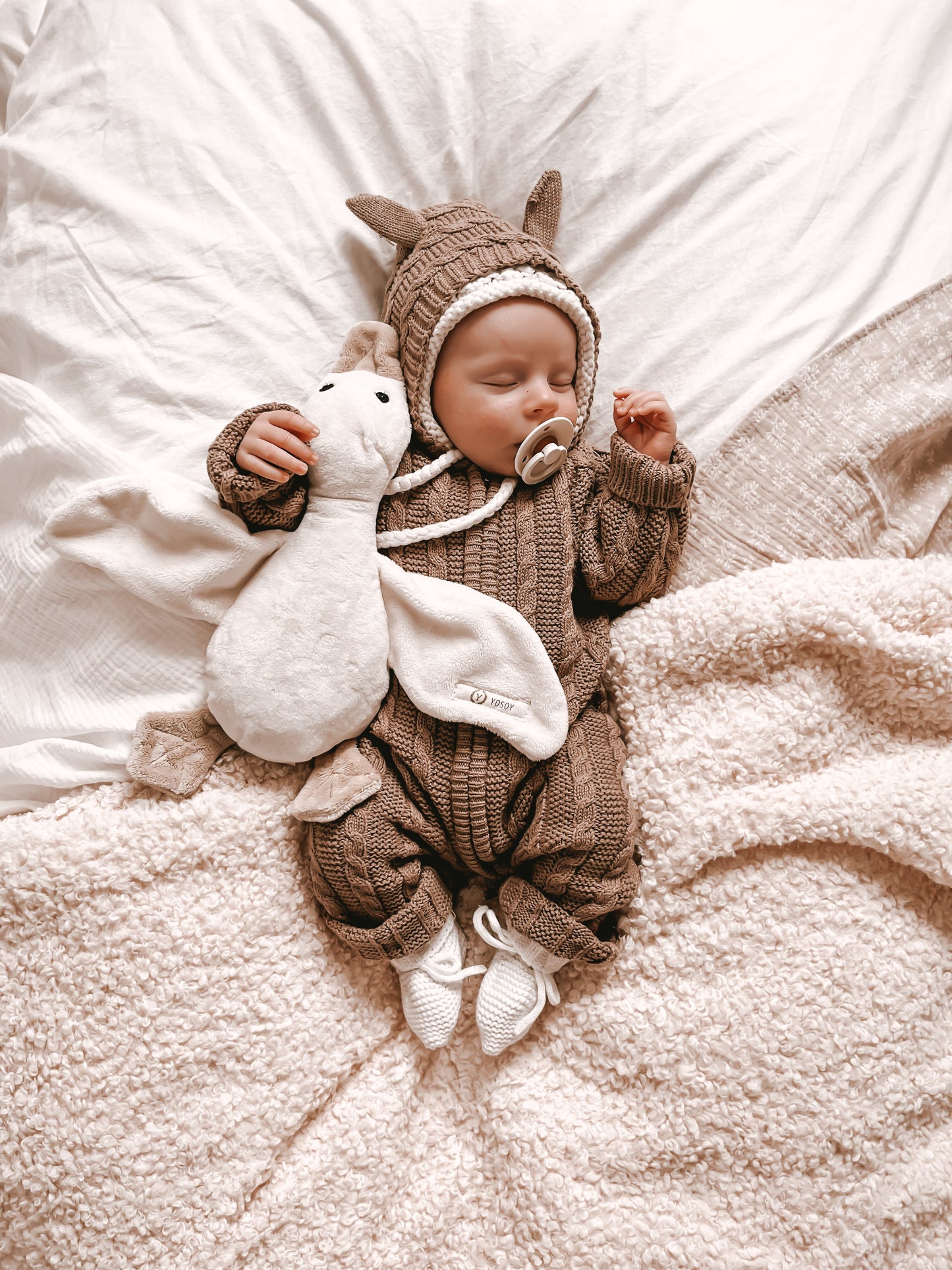 Luna + Luca Organic Cotton Baby Bear Knit Neutral Jumpsuit - Acorn