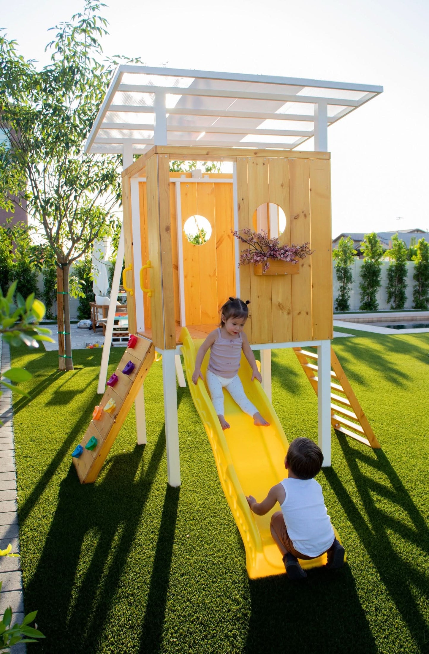 Avenlur Forest: Modern Eco-Friendly Non-Toxic Backyard Wooden Swing Set with Slide, Fort & Rock Wall for Up to 7 Kids
