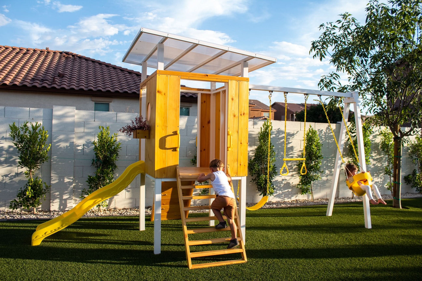 Avenlur Forest: Modern Eco-Friendly Non-Toxic Backyard Wooden Swing Set with Slide, Fort & Rock Wall for Up to 7 Kids