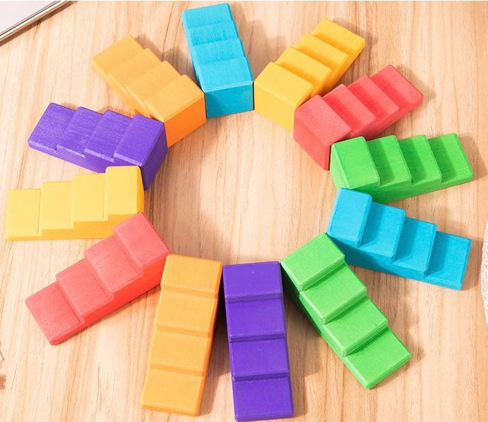 12 Pcs STAINED Stepped Roofs Building Blocks in Primary Rainbow Colors