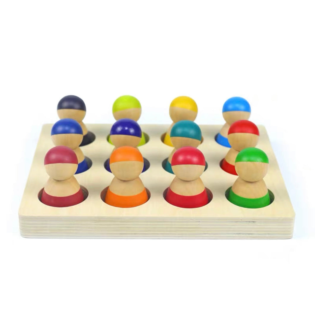 12 Pcs Rainbow Peg Doll People with Tray in Primary Colors