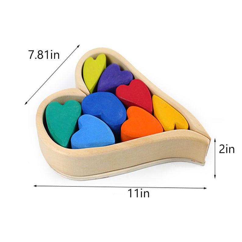10 Pcs STAINED Rainbow Heart-shaped Wooden Stacking Puzzle Blocks
