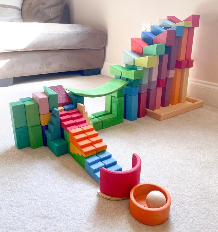 12 Pcs STAINED Stepped Roofs Building Blocks in Primary Rainbow Colors