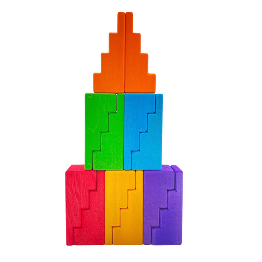 12 Pcs STAINED Stepped Roofs Building Blocks in Primary Rainbow Colors