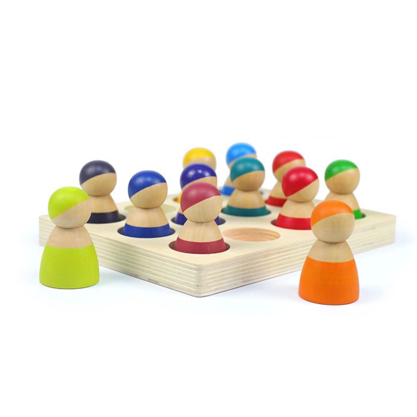 12 Pcs Rainbow Peg Doll People with Tray in Primary Colors
