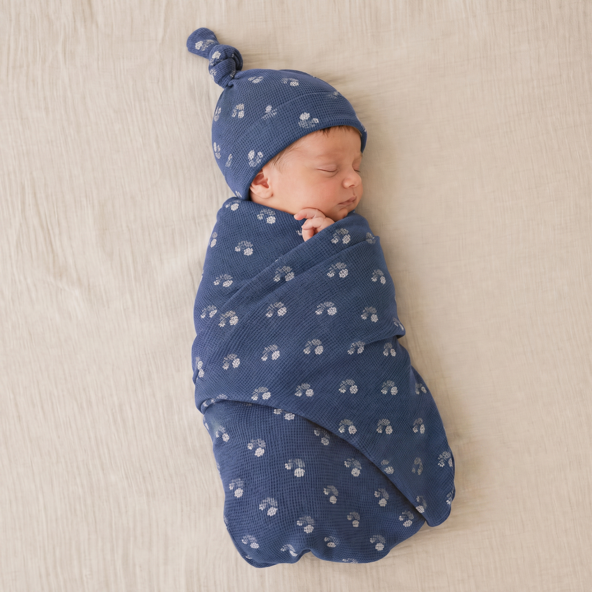 Organic Cotton Swaddle Blanket & Knotted Hat Set for Newborns – Indigo Blossom
