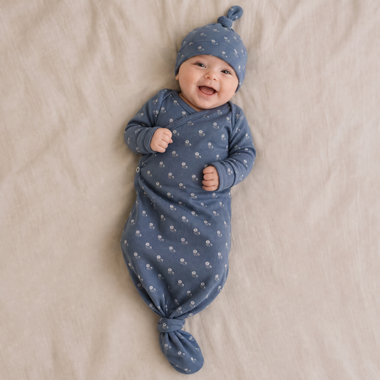 Organic Cotton Knotted Baby Gown – Indigo Blossom