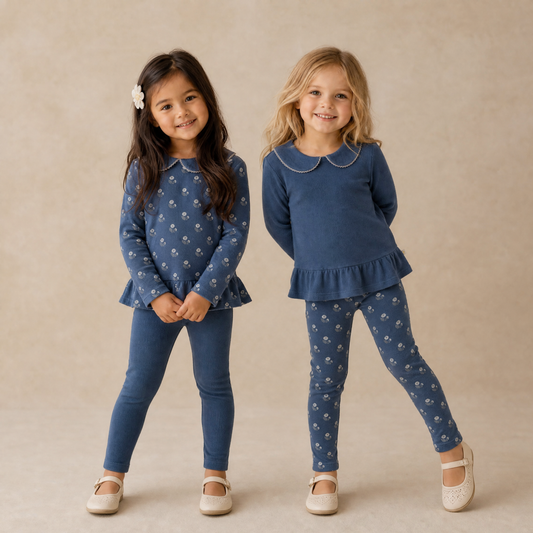Organic Collar Peplum Tops, Set of 2 for Babies & Toddlers – Indigo Blossom + Navy