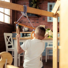 Load image into Gallery viewer, Goodevas Indoor Montessori-Inspired Natural Wooden Playhouse with Triangle ladder, Slide and Swings
