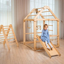 Load image into Gallery viewer, Goodevas Indoor Montessori-Inspired Natural Wooden Playhouse with Triangle ladder, Slide and Swings
