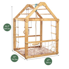 Load image into Gallery viewer, Goodevas Indoor Montessori-Inspired Natural Wooden Playhouse with Triangle ladder, Slide and Swings
