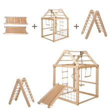 Load image into Gallery viewer, Goodevas Indoor Montessori-Inspired Natural Wooden Playhouse with Triangle ladder, Slide and Swings
