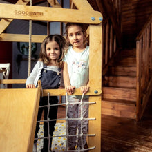 Load image into Gallery viewer, Goodevas Indoor Montessori-Inspired Natural Wooden Playhouse with Triangle ladder, Slide and Swings
