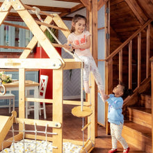 Load image into Gallery viewer, Goodevas Indoor Montessori-Inspired Natural Wooden Playhouse with Triangle ladder, Slide and Swings
