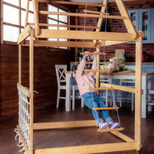 Load image into Gallery viewer, Goodevas Indoor Montessori-Inspired Natural Wooden Playhouse with Triangle ladder, Slide and Swings
