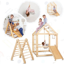 Load image into Gallery viewer, Goodevas Indoor Montessori-Inspired Natural Wooden Playhouse with Triangle ladder, Slide and Swings
