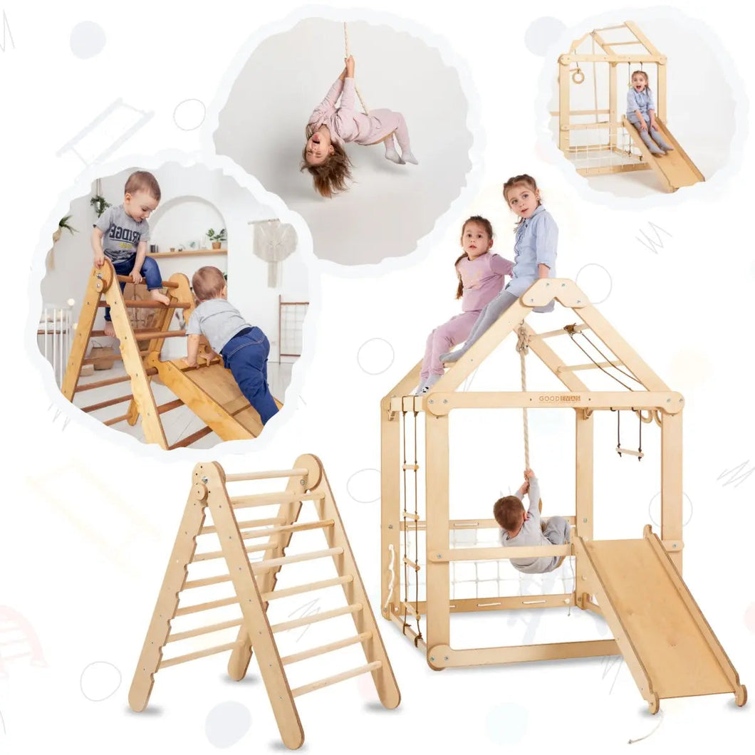 Goodevas Indoor Montessori-Inspired Natural Wooden Playhouse with Triangle ladder, Slide and Swings