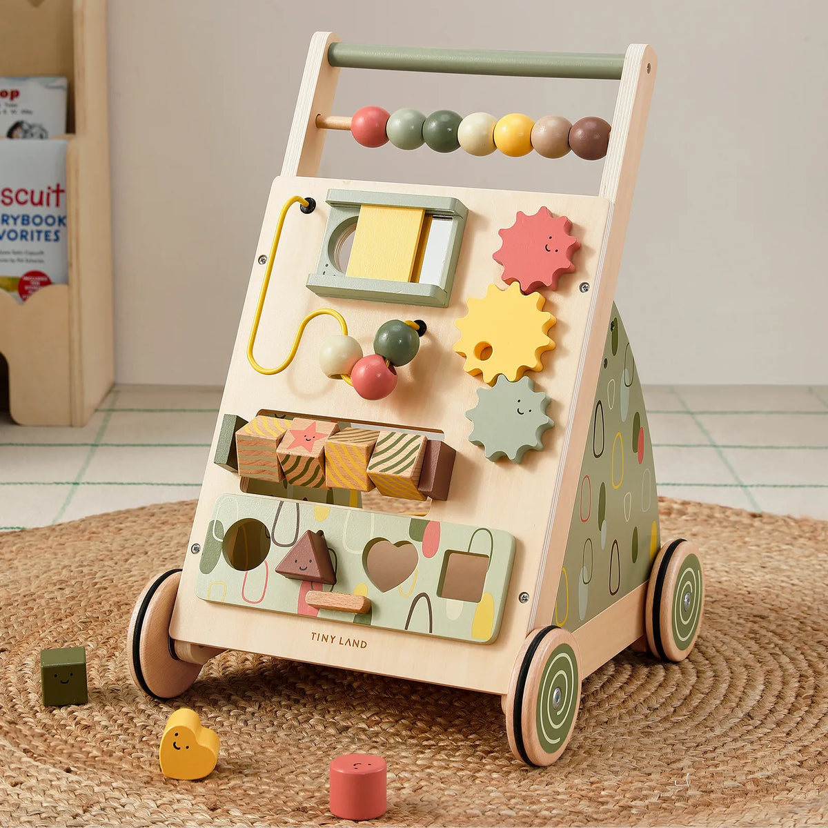 Tiny Land Sage Green Wooden Baby Walker – Push Walker with Activity Center