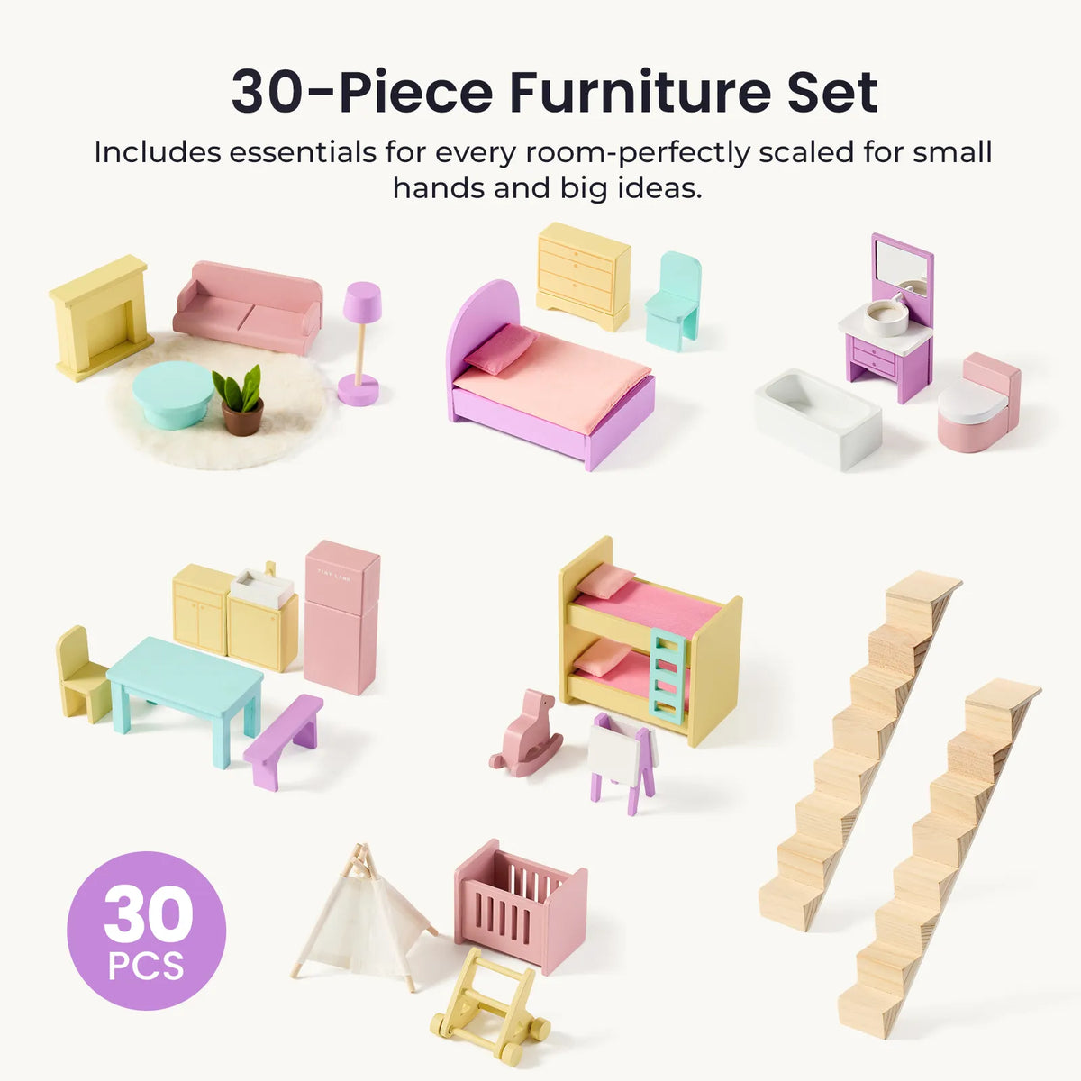 Tiny Land® Sweetwood Wooden Dollhouse without Dolls – 3 Levels + Attic, 6 Rooms, Wooden Furniture Set, Ages 3+