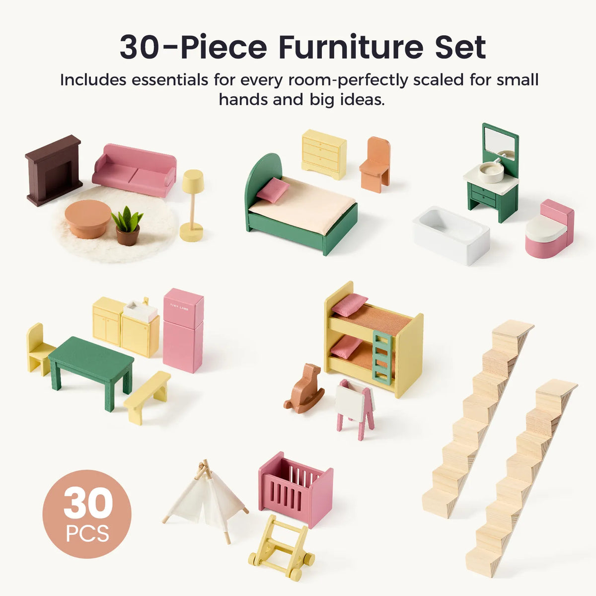 Tiny Land® Sweetwood Wooden Dollhouse without Dolls – 3 Levels + Attic, 6 Rooms, Wooden Furniture Set, Ages 3+