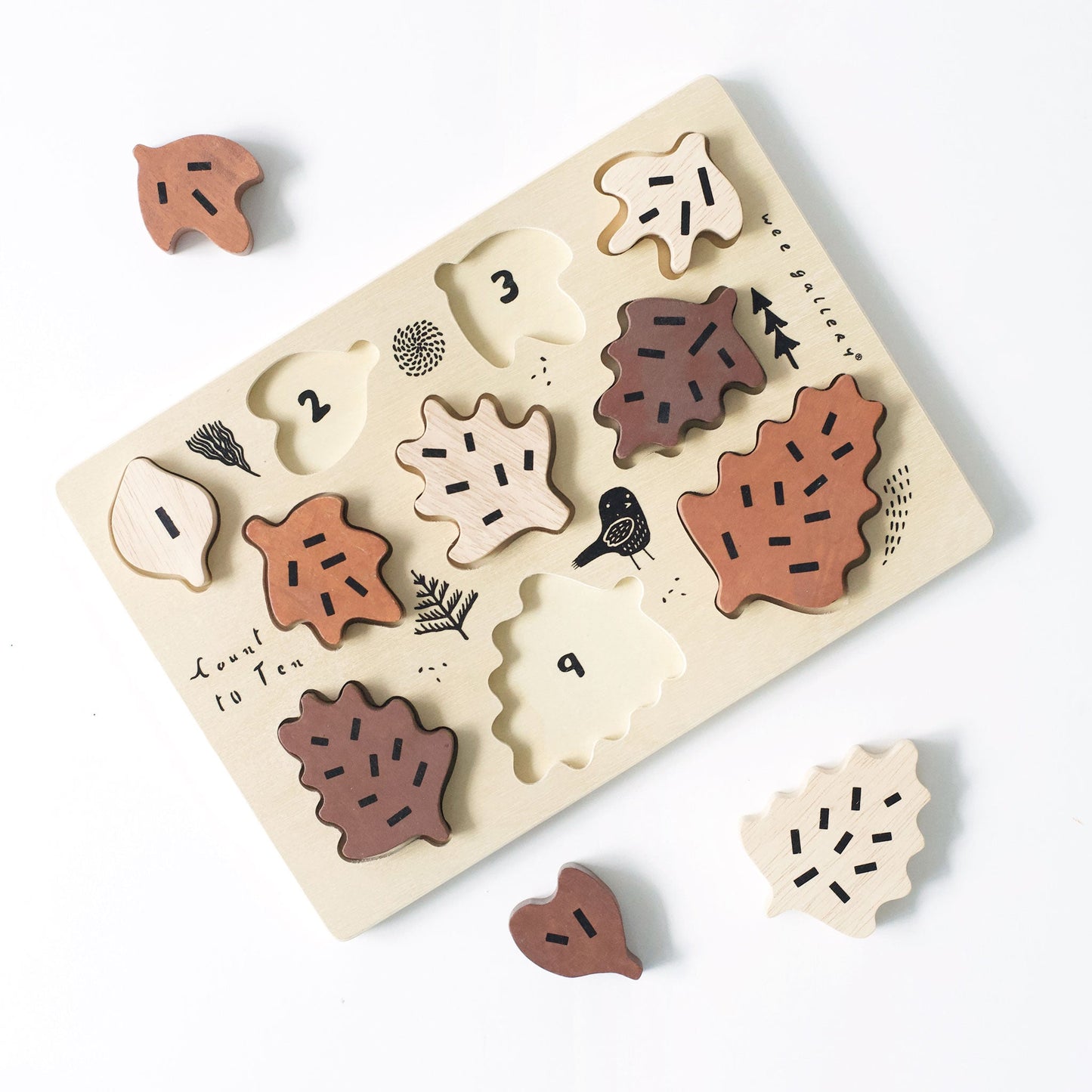 Wee Gallery Eco-Friendly Wooden Tray Toddler Puzzle - Count to 10 Leaves