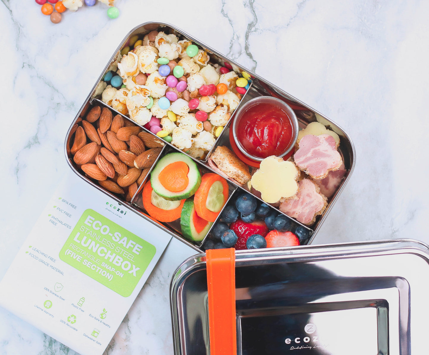 STAINLESS STEEL LUNCH BOX, 5 COMPARTMENT MICROWAVABLE, 50 OZ