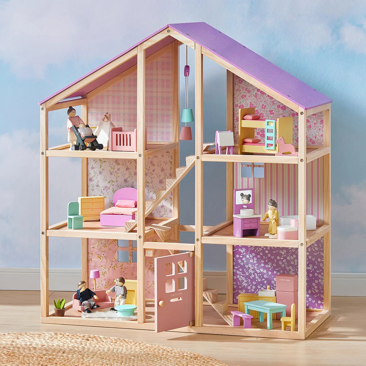 Tiny Land® Sweetwood Unicorn Wooden Dollhouse with Doll Family – 31-Piece Furniture Set & Stroller, Ages 3+