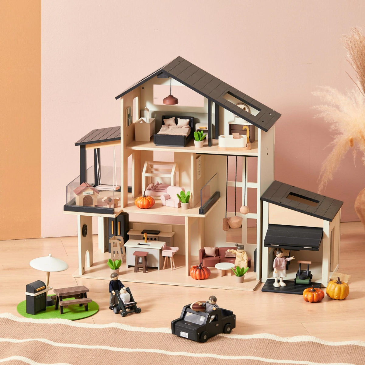 Tiny Land Sweet Family Dollhouse Gift Set – Black Wooden Dollhouse, Garage & Doll Set