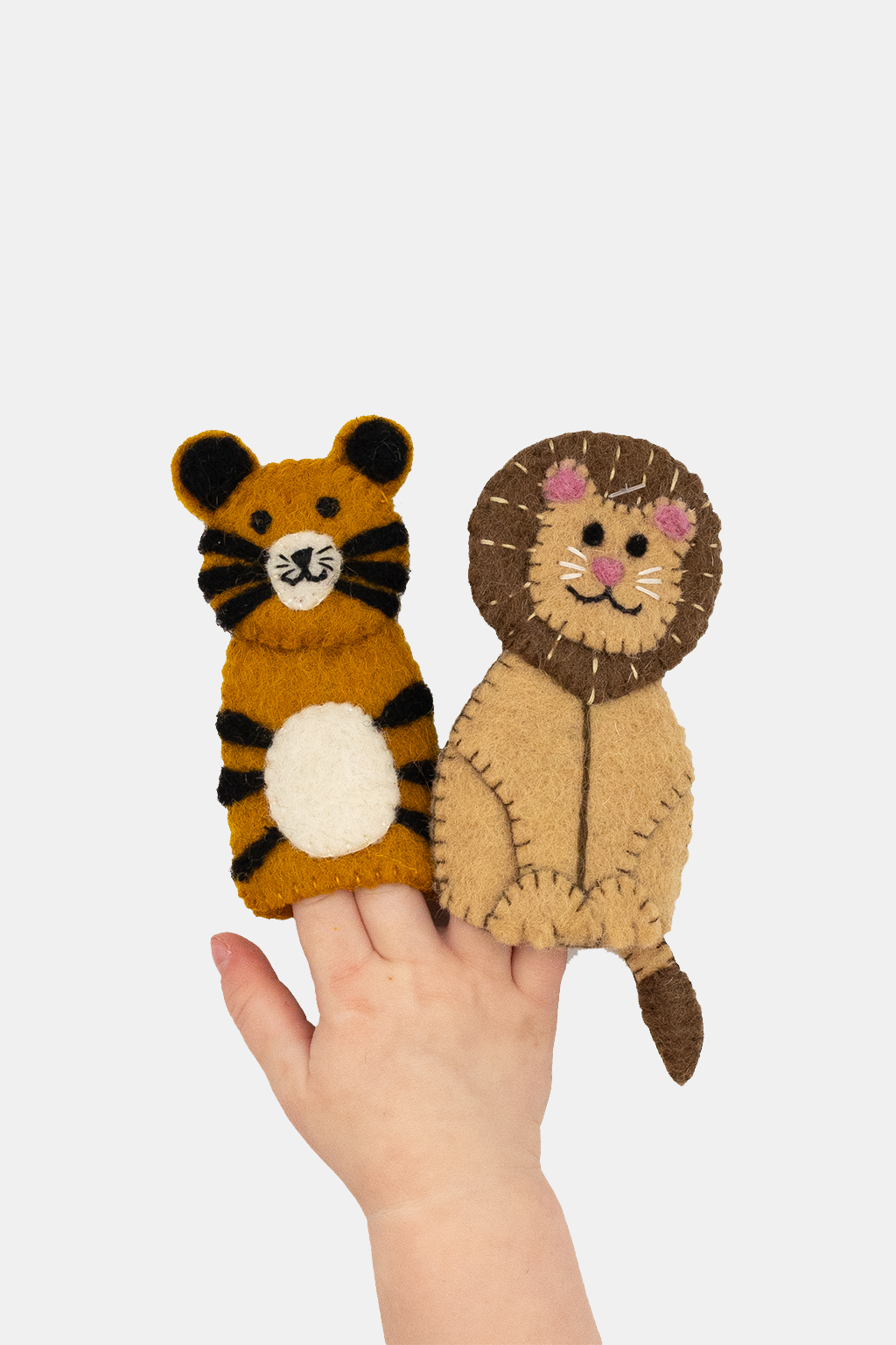 Lion & Tiger Finger Puppet Set – Handmade Wool Felt Pretend Play Toy