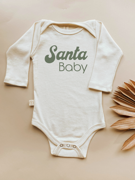 Santa Baby Organic Cotton Baby Bodysuit – Long Sleeve, Red or Olive, 0–24M