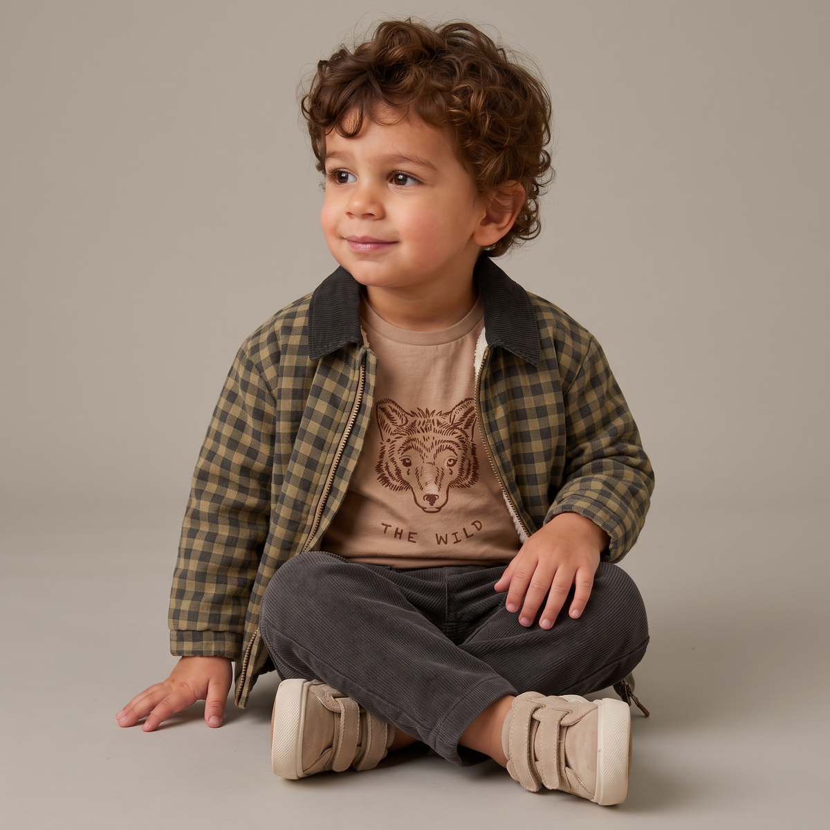 Organic Cotton Twill Jacket with Corduroy Collar for Babies & Toddlers – Olive Gingham